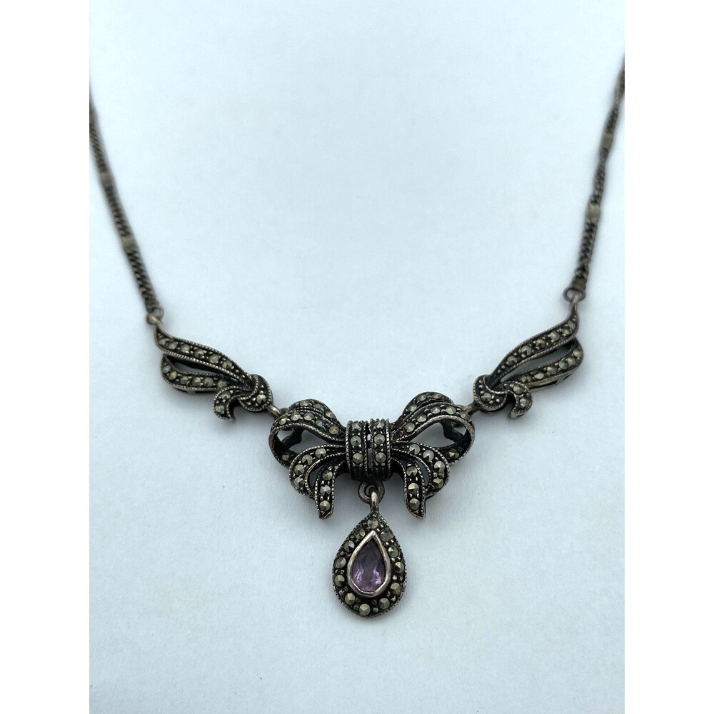 Vintage Sterling Silver 925 Amethyst Marcasite Bow Necklace Chain 13.4g